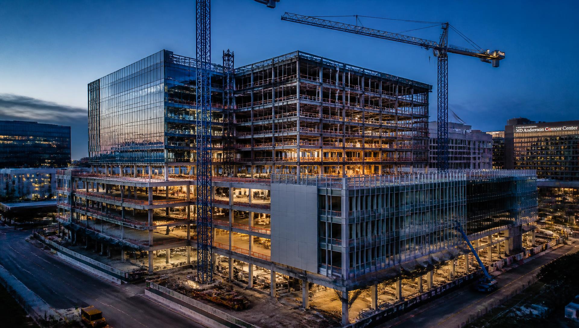 Aerial view of a large commercial hospital tower under construction at blue hour